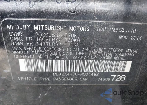 2015 Mitsubishi Mirage Es from USA, damaged, VIN ML32A4HJ6FH034483
